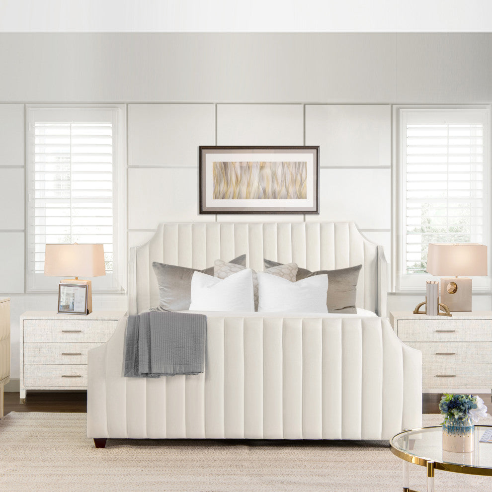 Addison King Channel Tufted Panel Bed Frame, Cloud White Performance Velvet