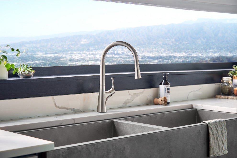 Antioch Single Handle Pull-Down Kitchen Faucet w/ Snapback, Stainless Steel