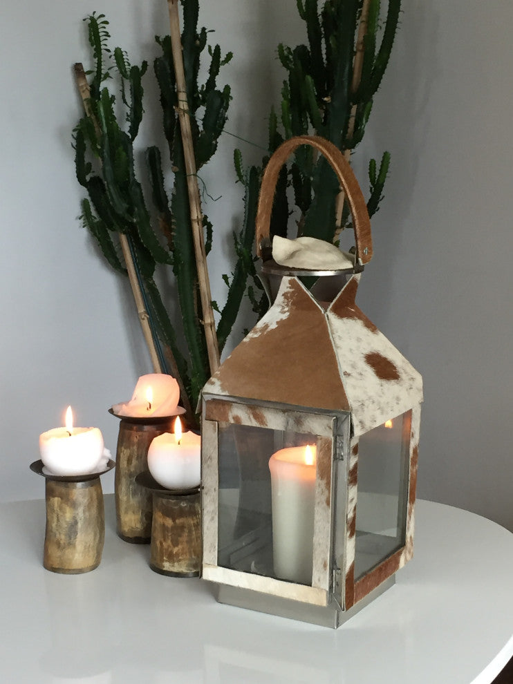 SAFARI Cowhide Lantern, Silver Metal with Cowhide Accents