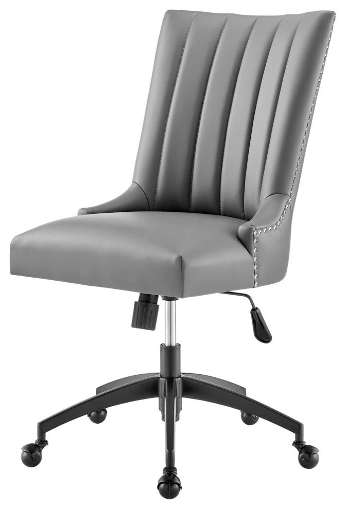 Computer Work Desk Tufted Chair, Faux Vegan Leather, Black Gray, Home Office