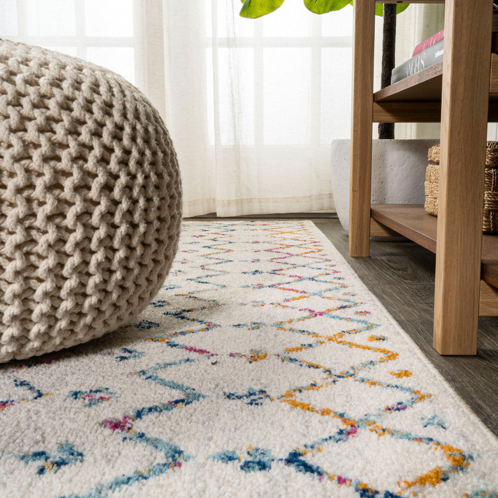 Moroccan HYPE Boho Vintage Diamond Runner Rug, Ivory/Multi, 2 X 10