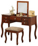 Classic Vanity Set, Flip Up Mirror & Cushioned Stool With Curved Legs, Cherry