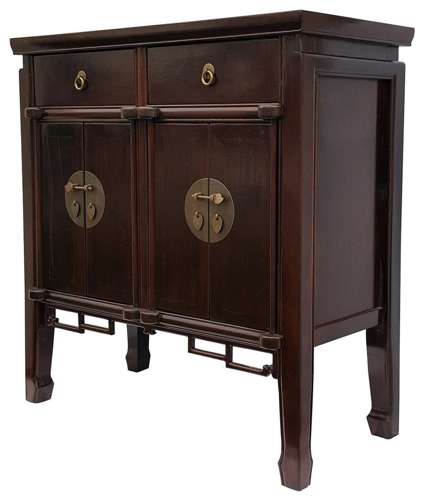 Asian Four Door Buffet With Key Carving, Dark Walnut