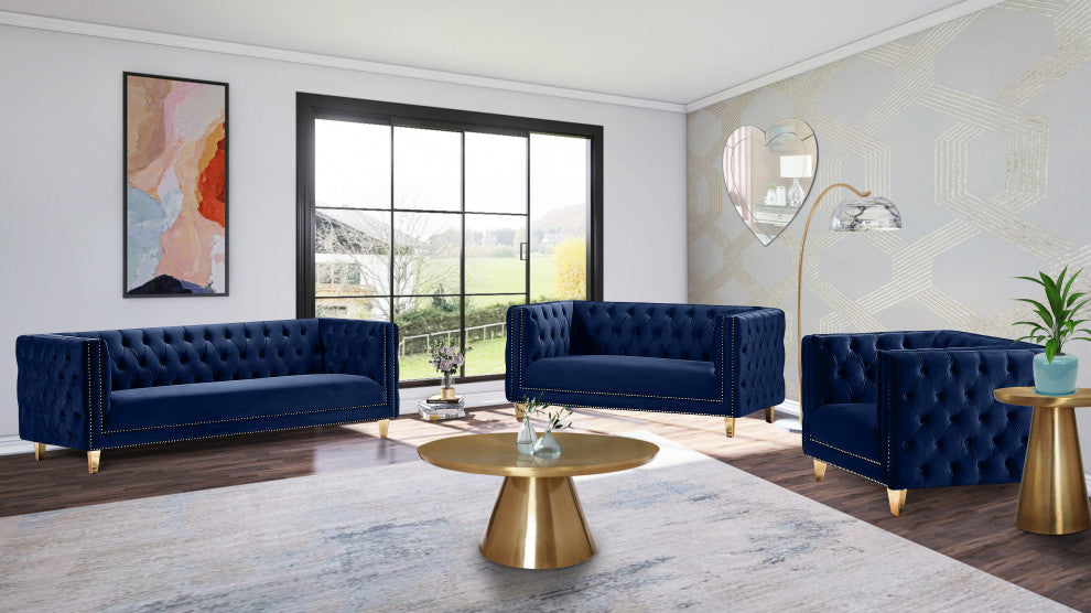 Michelle Fabric Upholstered Chair, Gold Iron Legs, Navy, Velvet, Loveseat