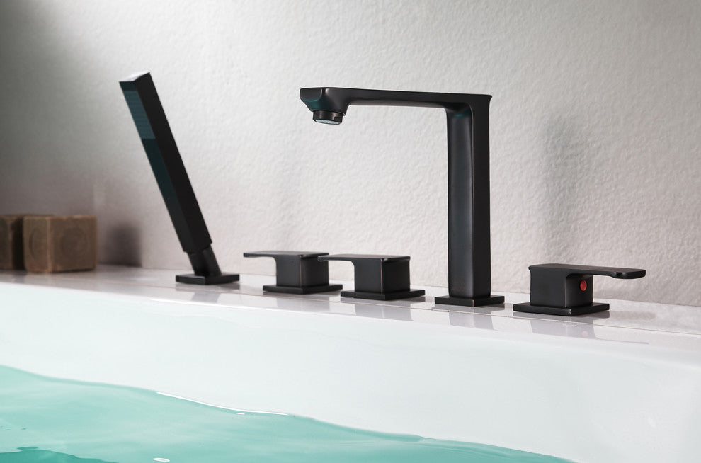 Shore 3-Handle Deck-Mount Roman Tub Faucet,Handheld Sprayer In Oil Rubbed Bronze