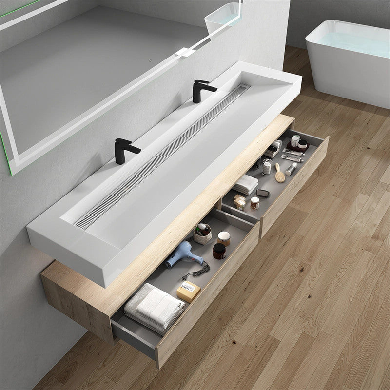 Alysa 84'' Floating Vanity, Acrylic Sink, Double Faucet Hole, Light White Oak