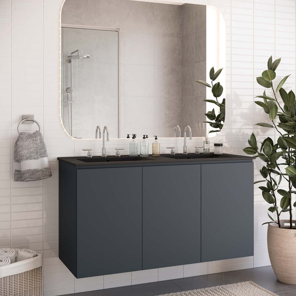 Bryn 48" Wall-Mount Double Sink Bathroom Vanity, Gray Black