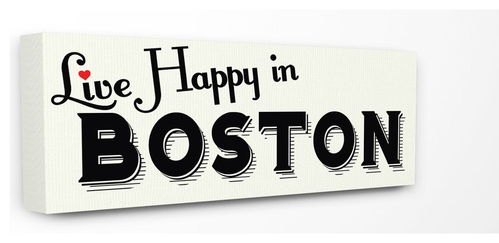 Live Happy In Boston Red Heart Typography Stretched Canvas Wall Art,, 13"x30", C