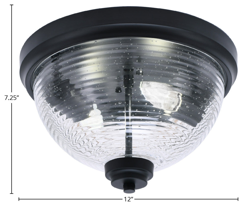 12" 2-Light Flush Mount Light, Matte Black, Clear Bubble Glass