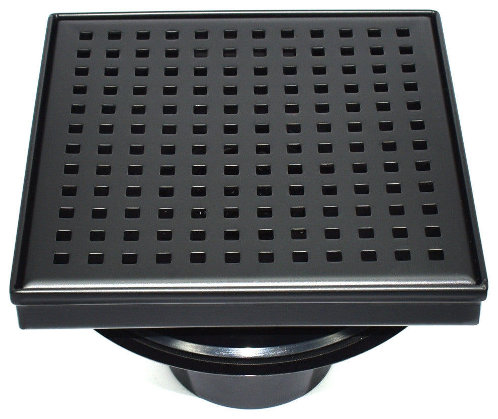 HEATGENE Square Shower Drain With Flat Cover and Base Flange, Matt Black, 4"