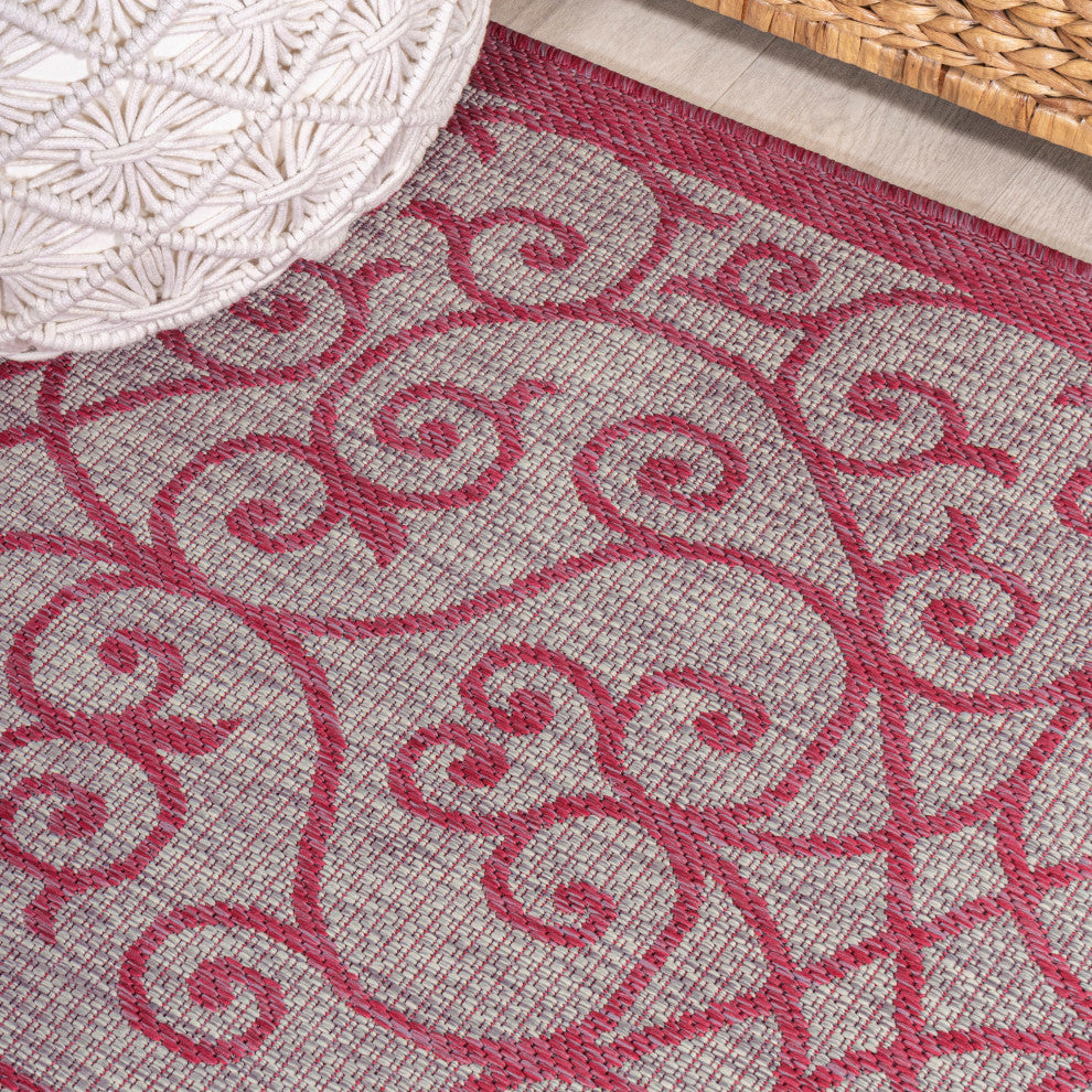 Madrid Vintage Filigree Textured Weave Indoor/Outdoor, Light Gray/Fuchsia, 5' Square