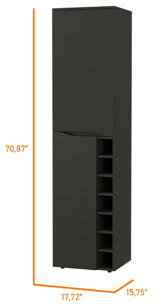 Maya Tall Bar Cabinet with 7 Wine Cubbies, Extendable Shelf, Glass Rack, Black