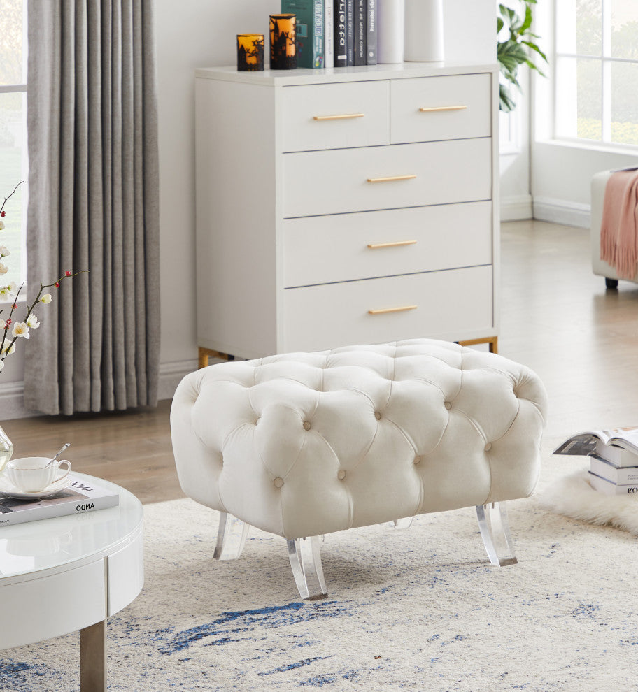 Crescent Velvet Upholstered Ottoman, Cream