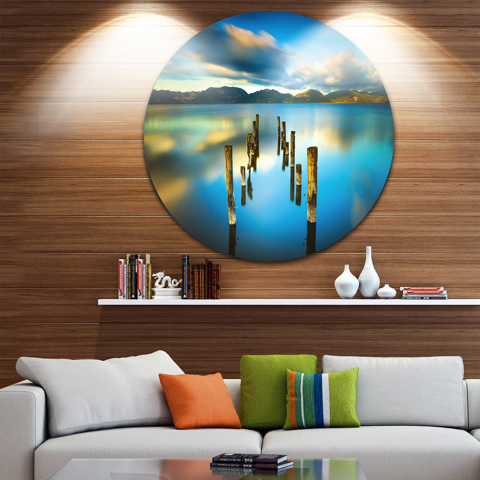 Cloudy Lake With Broken Pier, Seascape Photo Disc Metal Wall Art, 11"