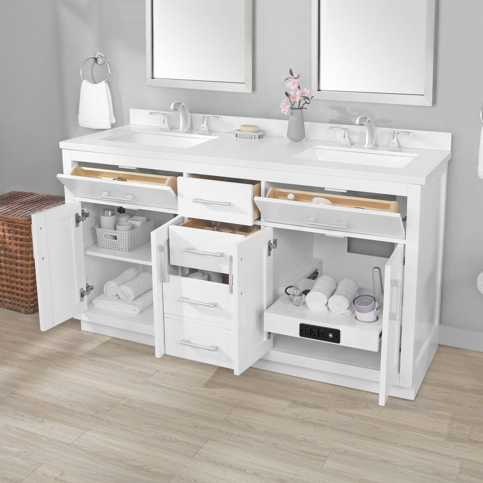 Ove Decors Bailey 60" Double Sink Vanity, White With Nickel Hardware