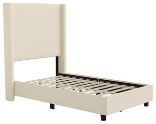 Quinn Upholstered Platform Bed with Channel Stitched Wingback Headboard, Beige, Twin