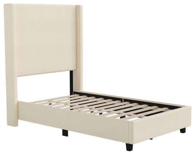 Quinn Upholstered Platform Bed with Channel Stitched Wingback Headboard, Beige, Twin