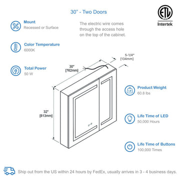 LED Medicine Cabinet With Defogger, 30x32