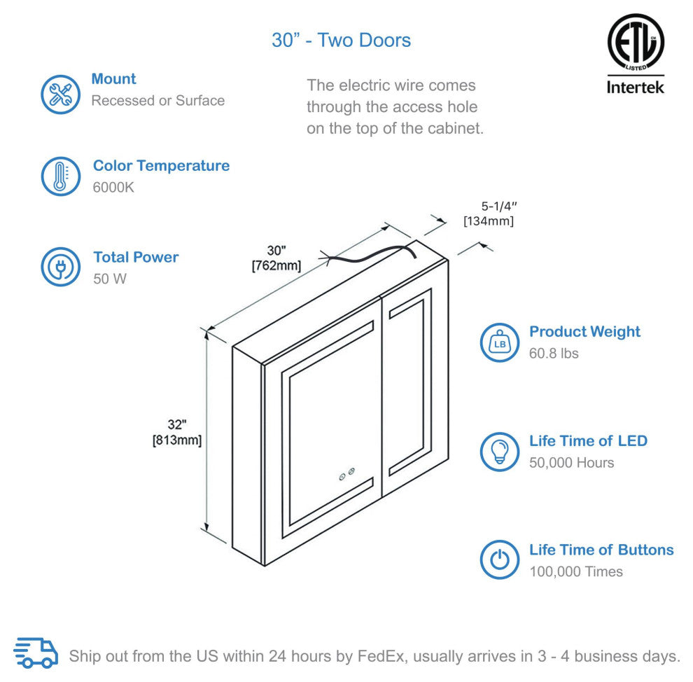 LED Medicine Cabinet With Defogger, 30x32