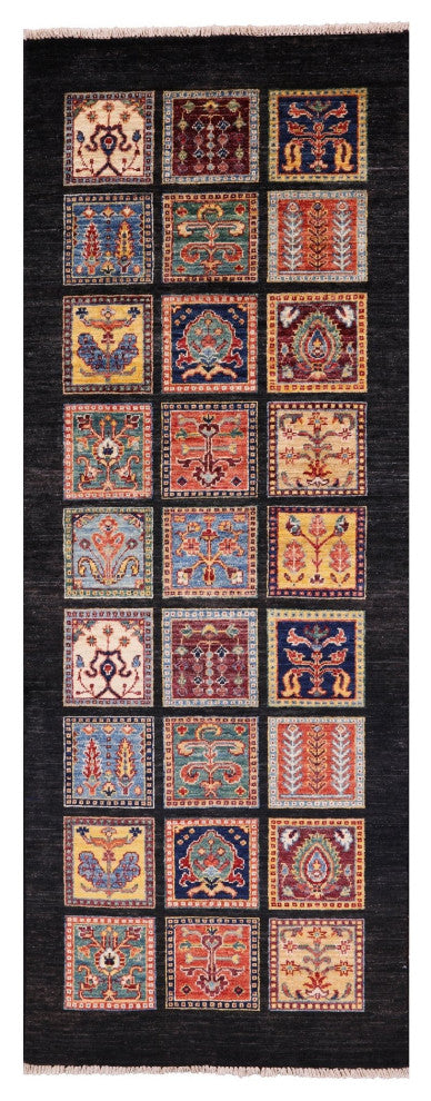 2' 6" X 6' 7" Persian Garden Design Black Hand Knotted Runner Rug Q10684
