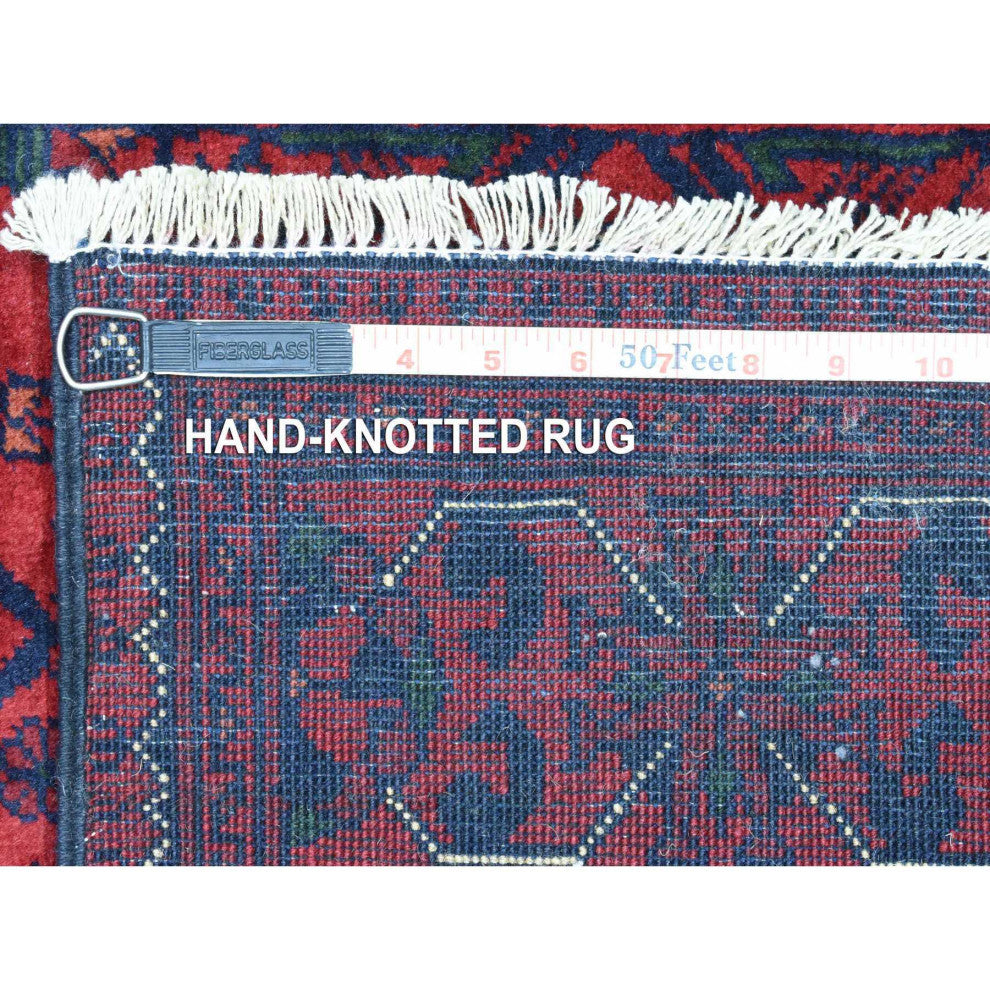 Red, Afghan Khamyab, Soft Wool Hand Knotted Runner Rug, 2'10"x13'0"