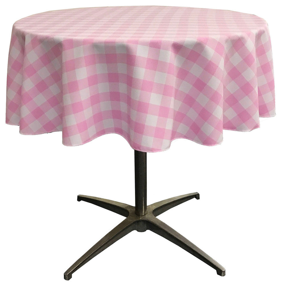 LA Linen Round Gingham Checkered Tablecloth, White and Pink, 58" Round