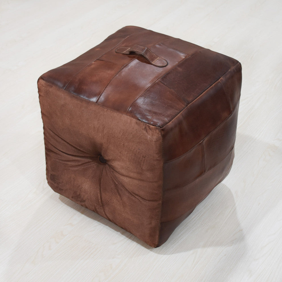 Geometric Handmade Leather Pouf (Recycled Foam with Fibre Fill) Black, [Square] 18x18x18