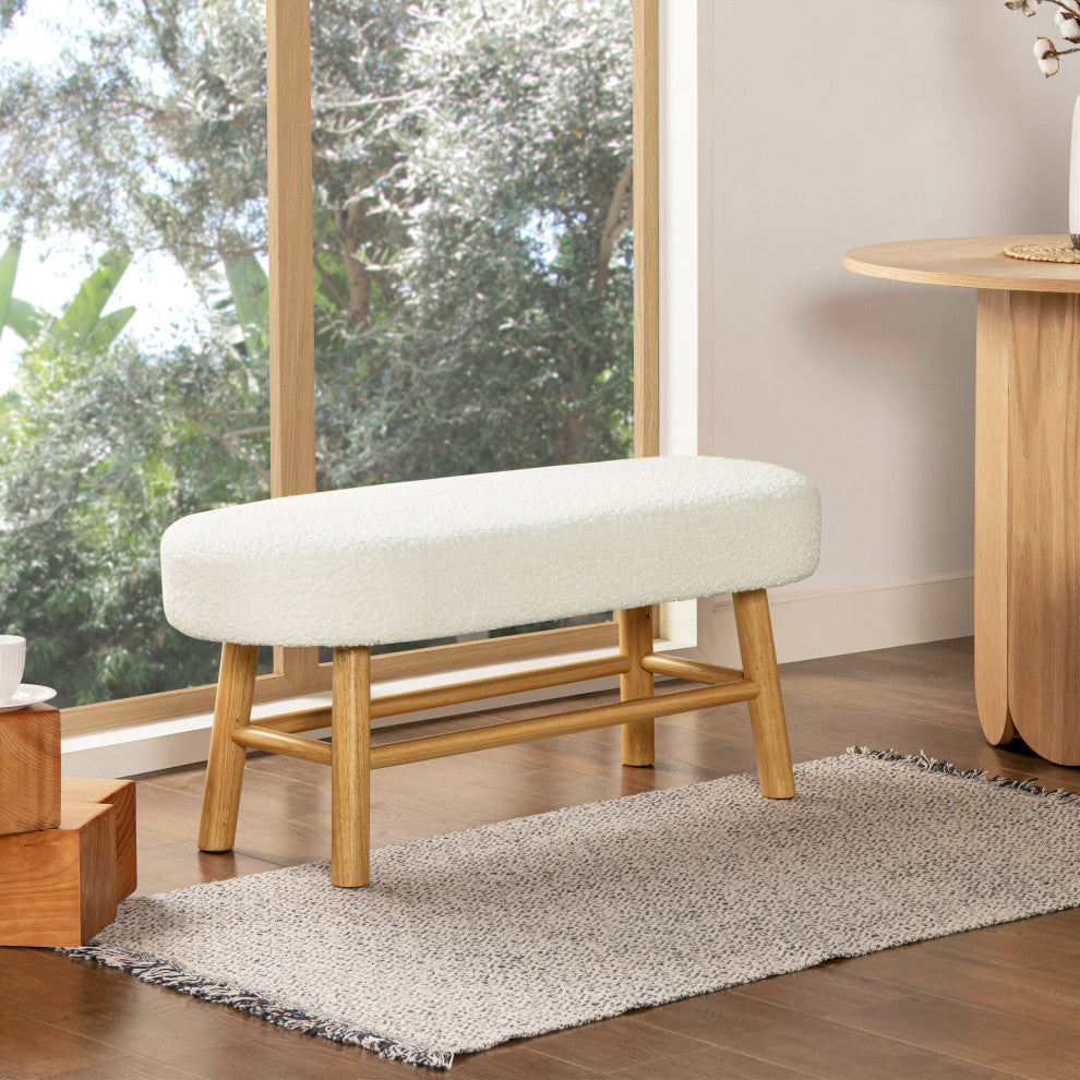 Fuji 42" Upholstered Accent Bench With Natural Wood Legs, Ivory White Boucle
