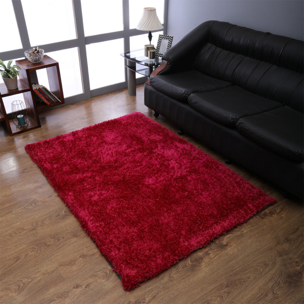 HAND TUFTED SHAG POLYESTER ECO-FRIENDLY AREA RUGS, Dark Pink Color, Solid Design