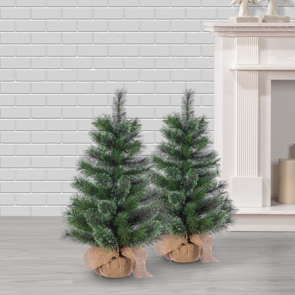 Set of 2, Unlit 30" Hard Needle Pine, Burlap Bag Base