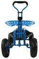 Sunnydaze Rolling Garden Cart With Steering Handle, Seat and Tray, Blue
