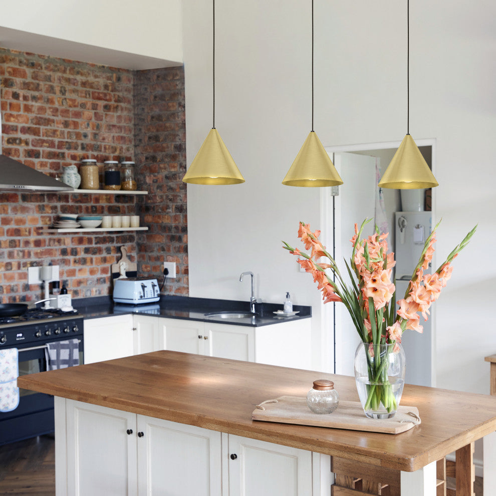 Narices, 3 Light Linear Pendant, Structured Black, Brushed Brass Metal Shades