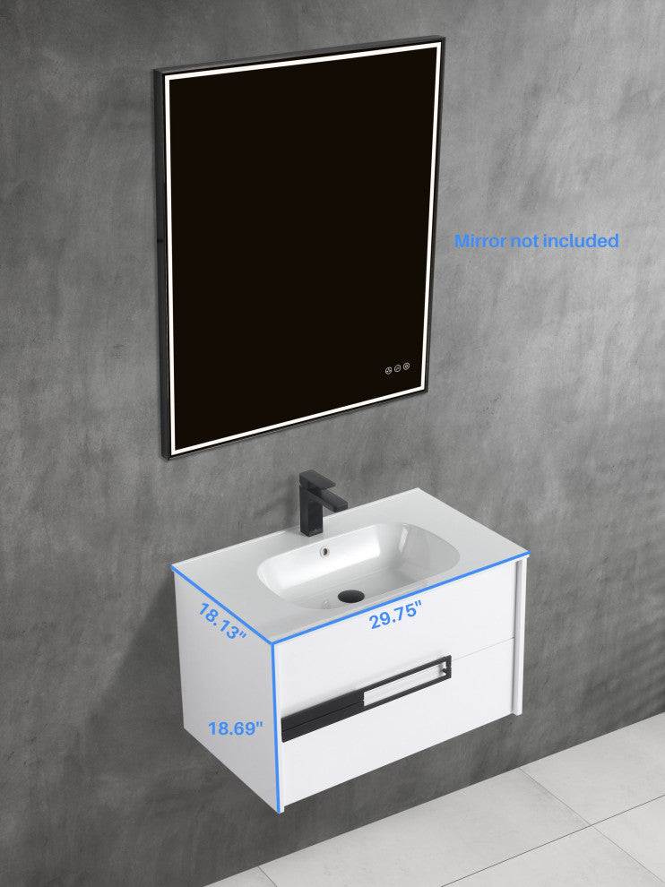 Brest Floating Bath Vanity with Sink, Wall Mounted Vanity and Sink, Glossy White, 30''