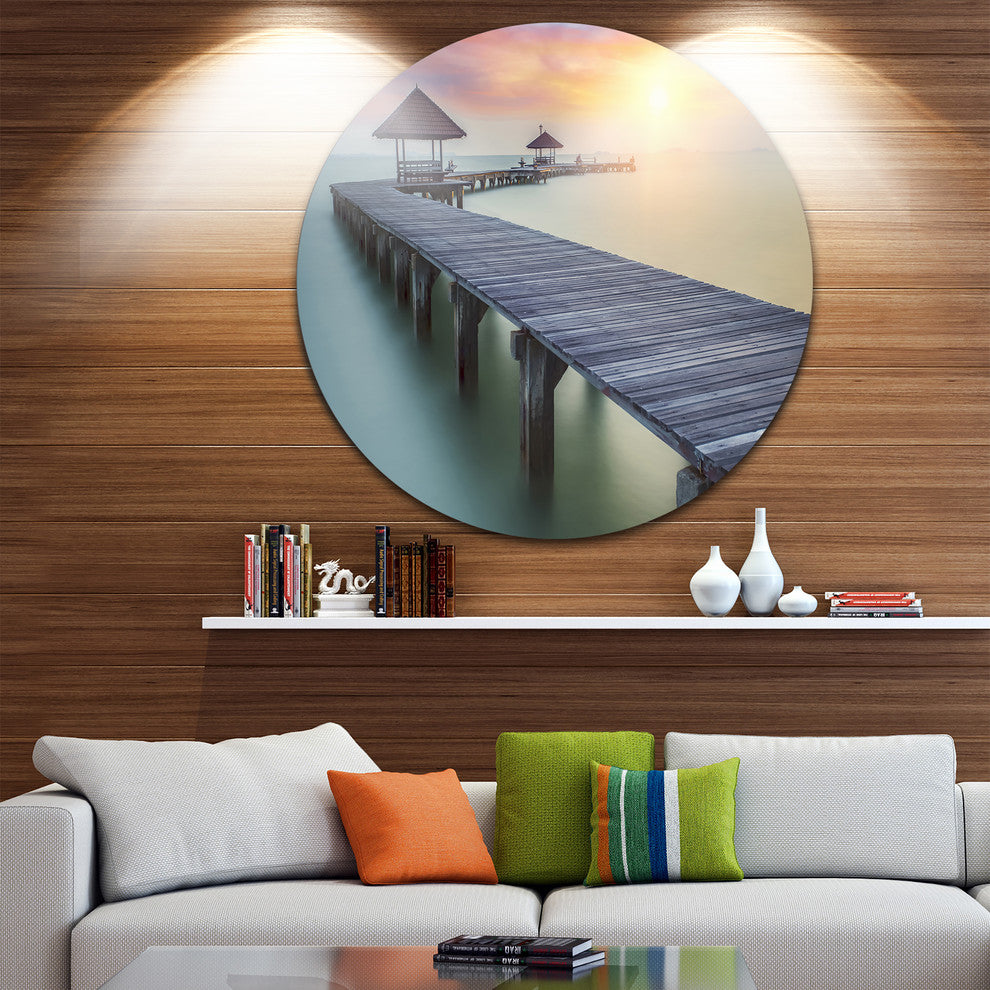 Long Wooden Bridge Into The Sunrise, Sea Pier Round Wall Art, 23"