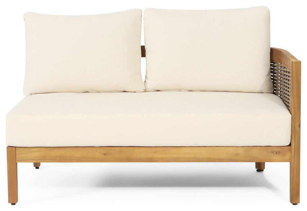 The Crowne Outdoor Acacia Wood and Round Wicker 5 Seater Sectional Sofa Chat Set