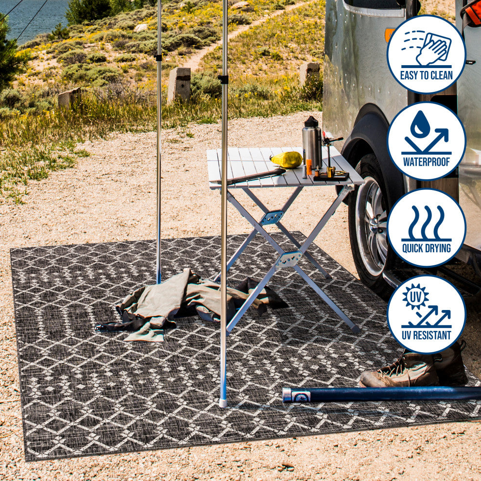 Ourika Moroccan Geometric Indoor/Outdoor Rug, Black/Gray, 5' Square