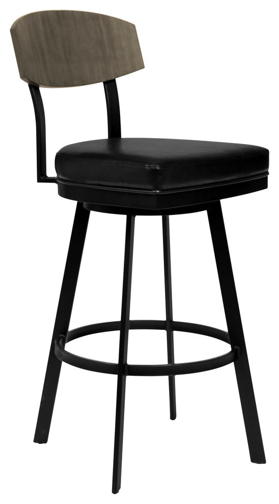 Frisco 30" Barstool, Matte Black Finish With Black Faux Leather & Gray Walnut