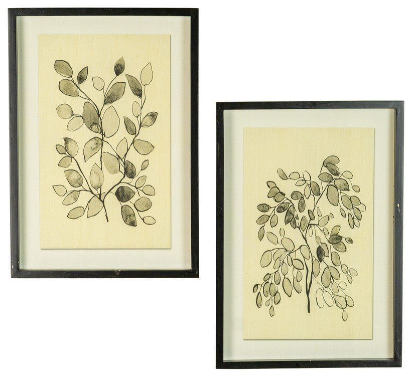 Set of Two Framed Black Leaves Prints W Glass