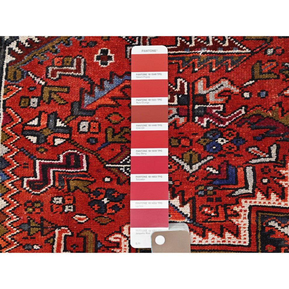 Crimson Red, Hand Knotted, Vintage Persian Heriz, Pure Wool Rug, 7'10"x11'