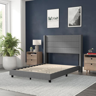 Hollis Upholstered Platform Bed with Wingback Headboard w/Mattress Foundation, Gray, Full