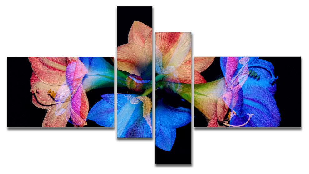 Abstract Blue Red Flower on Black, Large Floral Wall Art, 60"x32", 4 panels