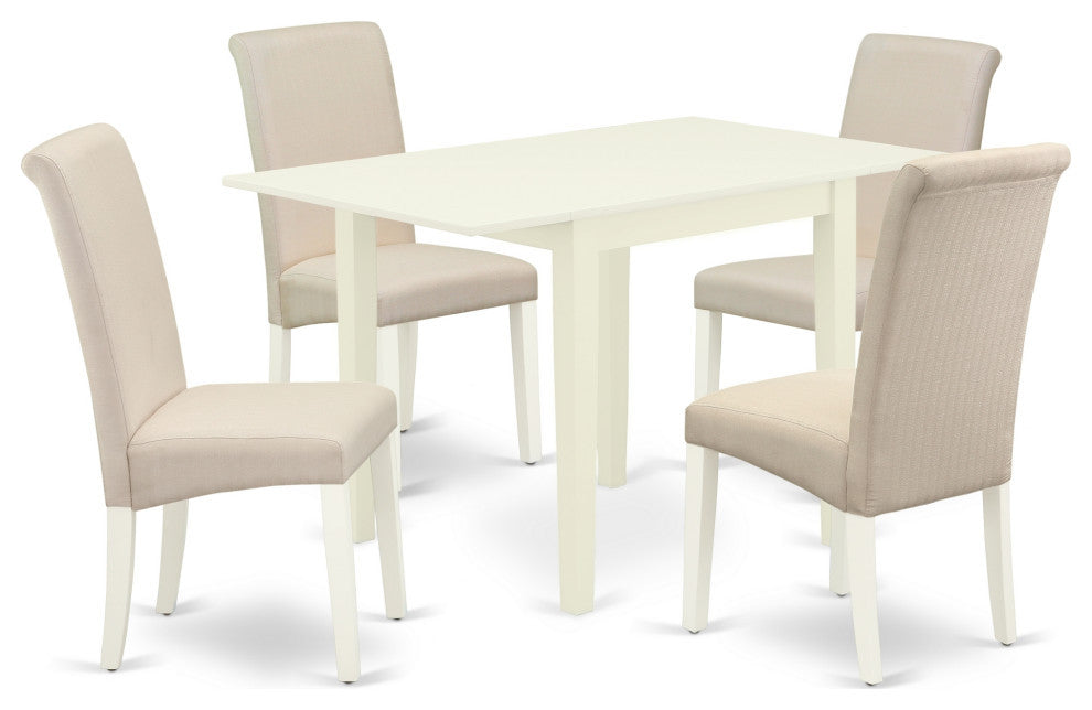 Dinette Set 5 Pc, Four Parson Chairs, Table, Linen White Solid Wood, Cream Color