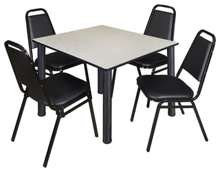 Kee 48" Square Breakroom Table, Maple, Black, 4 Restaurant Stack Chairs, Black