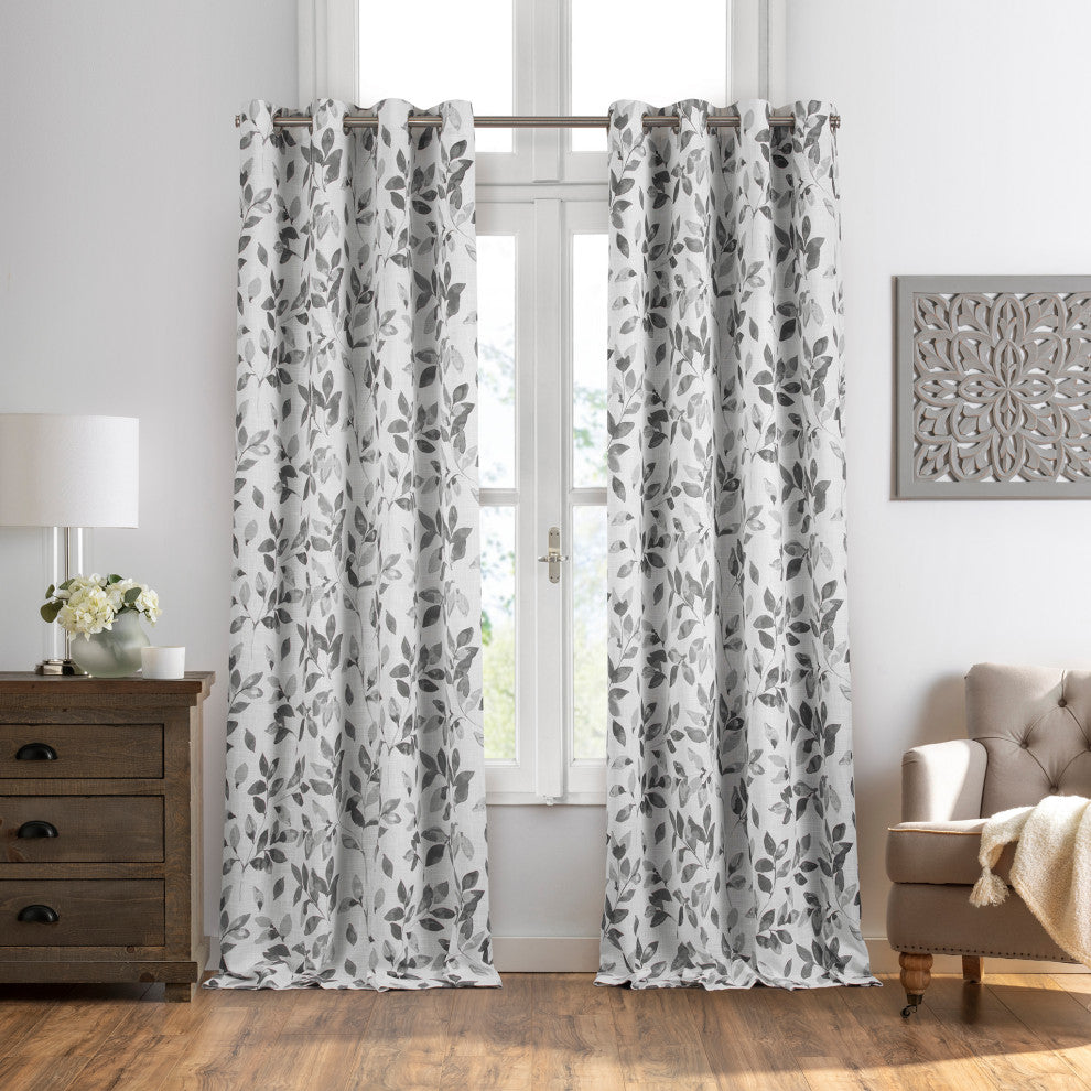 Avalon Botanical Print Blackout Window Curtain, Grey, 52"x95"