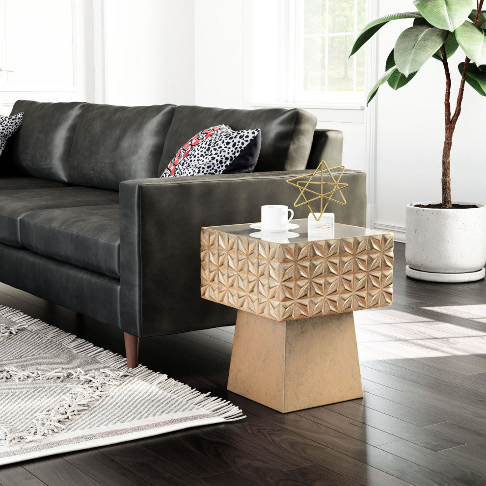 Sofa Side Table, Square, Glass, Steel Metal, Gold, Lounge Lobby Hospitality