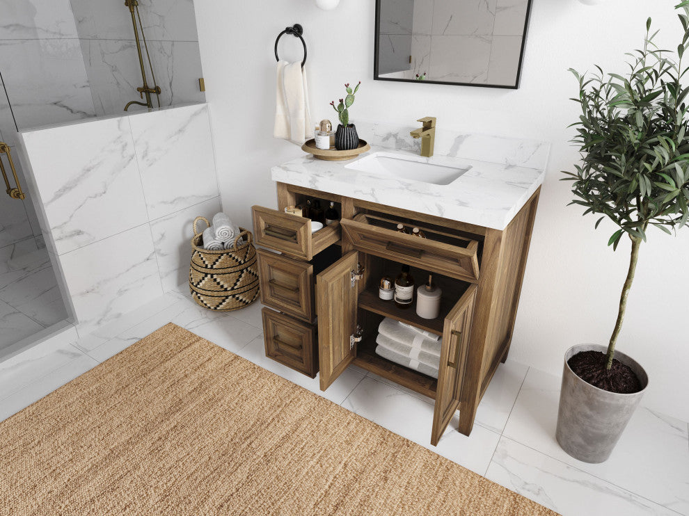 Santa Monica 36 Center Sink Bath Vanity in Graywashed Teak 2" Carrara Quartz