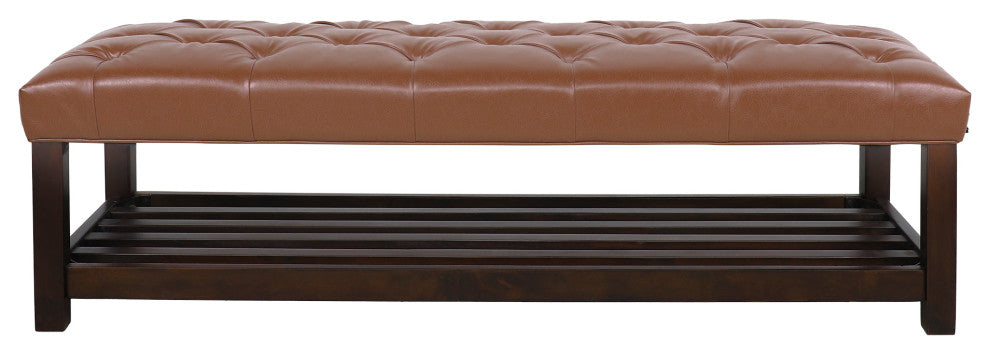 Pelon Contemporary Button Tufted Bench With Shelf, Cognac Brown/Dark Walnut