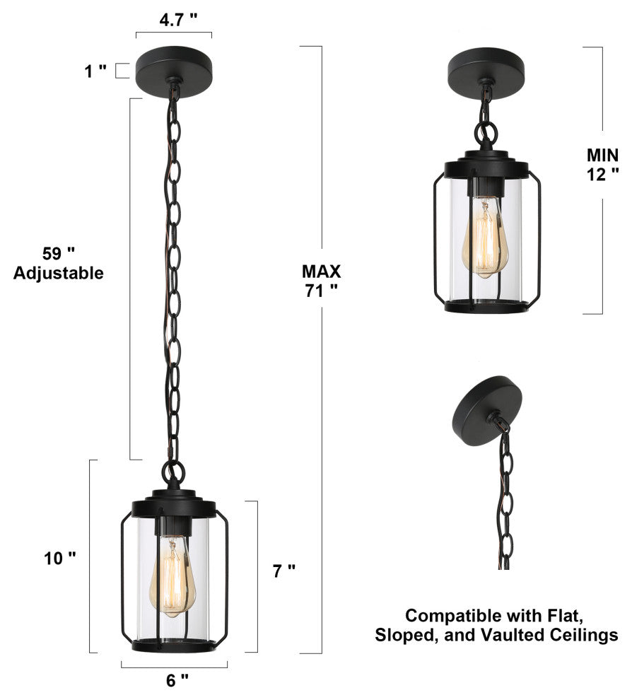 Modern Black Outdoor Pendant Lights Farmhouse Lantern with Clear Shade