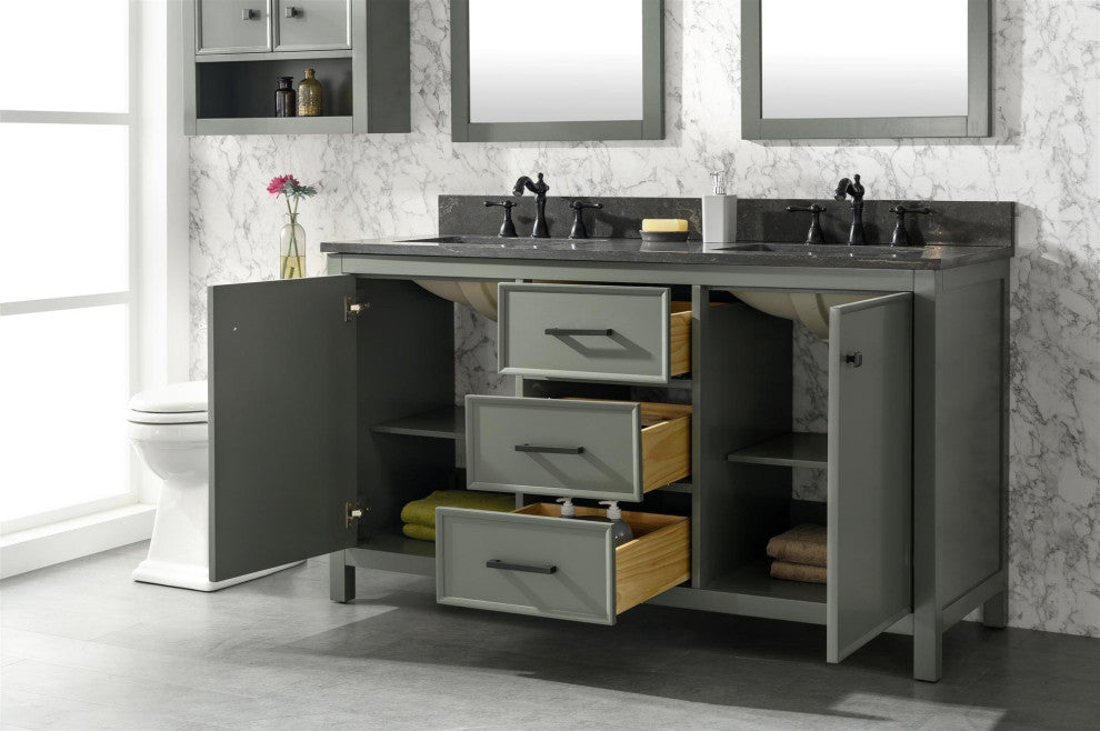 60" Double Sink Vanity Cabinet, Carrara White Top, Pewter Green