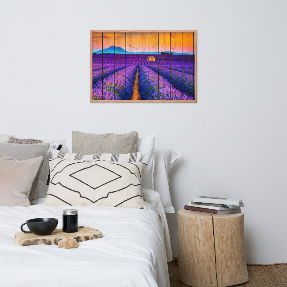 Faux Wood Lavender Fields and Sunset Landscape Framed Photo Paper Wall Art Print, Red Oak, 24" X 36"